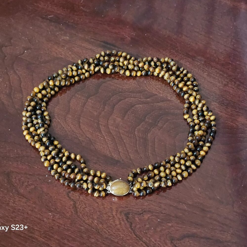 RARE VINTAGE GUMPS TIGER'S EYE CABOCHON CLASP 14k NECKLACE 5 STRAND TORSADE